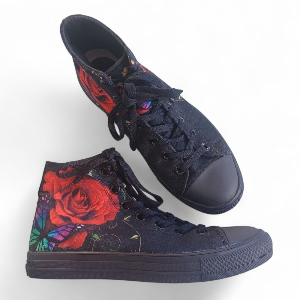 RAAD Shop Black High Top Canvas Sneakers Rose Butterfly‎ Print Size 8.5W